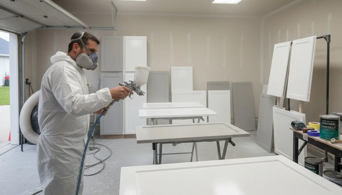 Professional cabinet painting in Duluth MN showing spray technique for smooth, durable kitchen finishes