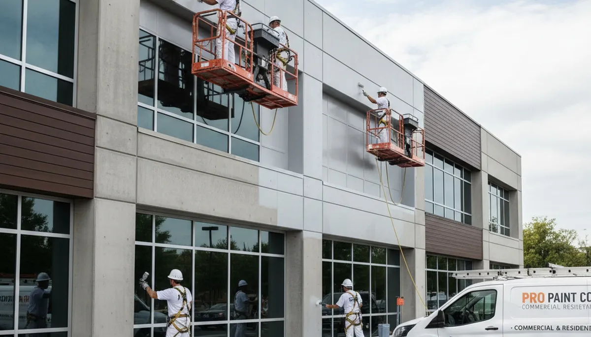 Professional commercial painters coating Duluth MN office exterior with durable weather-resistant paint