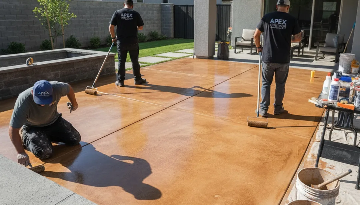 Professional concrete staining on residential garage floor in Duluth, MN by expert house painters