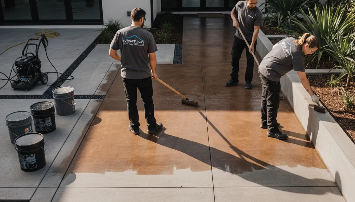 Professional concrete staining on a residential garage floor in Duluth, MN by expert painters