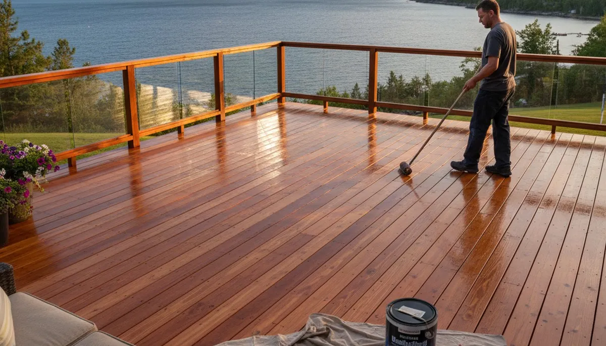 Professional deck staining application protecting natural wood from moisture and UV in Duluth, MN
