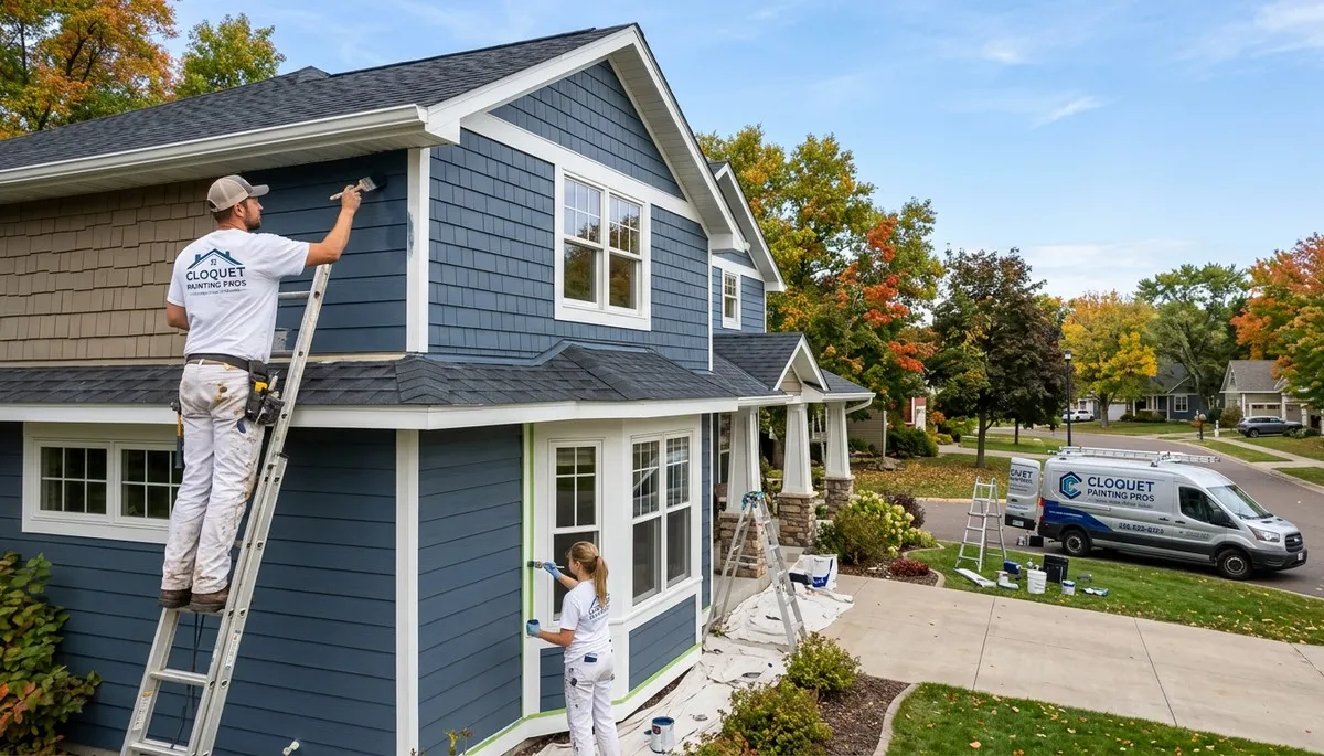 Professional house painters finishing exterior home in Duluth MN by paintingduluthmn.com