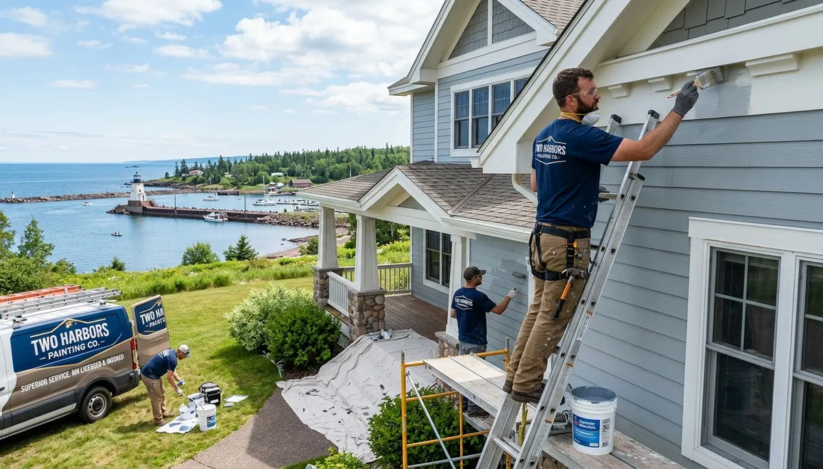 Professional house painters in Duluth MN applying exterior paint to a residential home façade