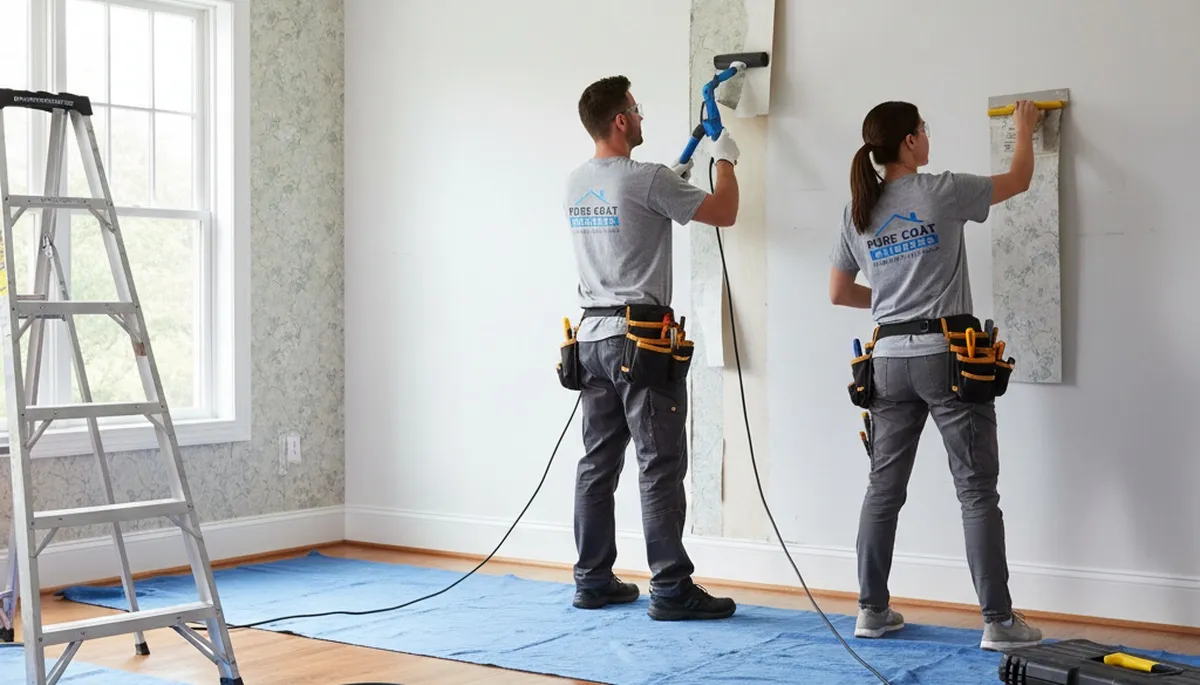 Professional wallpaper removal in Duluth MN home by expert house painters stripping old wall coverings