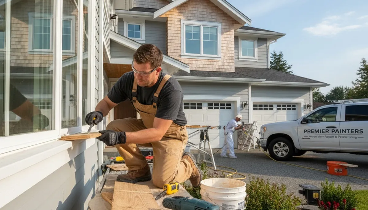 Wood rot repair on Duluth MN home exterior by professional house painters restoring damaged siding